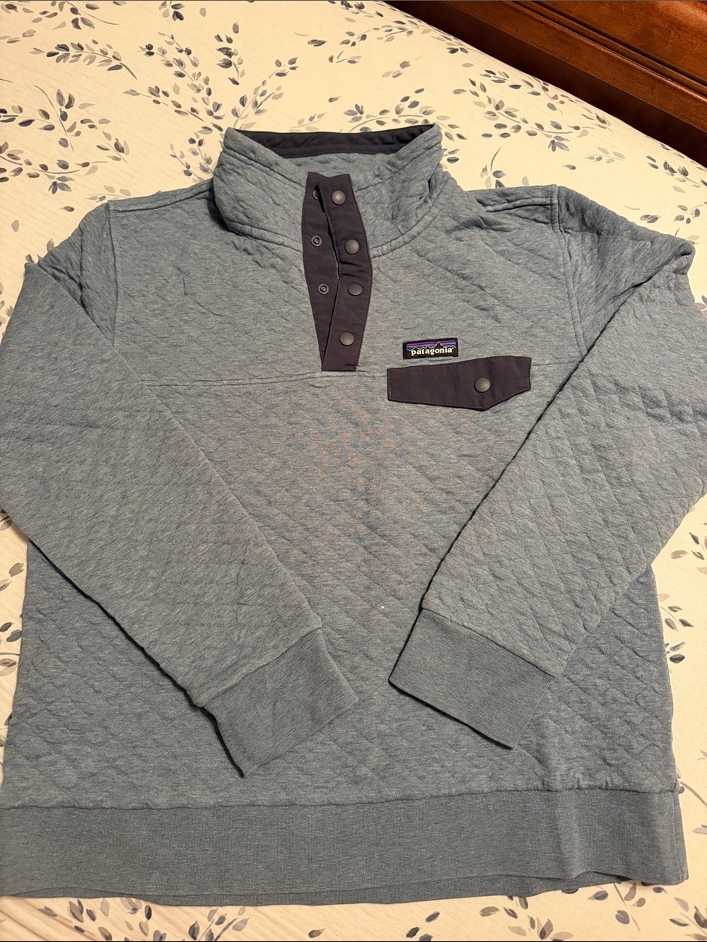 Patagonia Organic Cotton Heather Blue Pullover with Multicolor Logo
